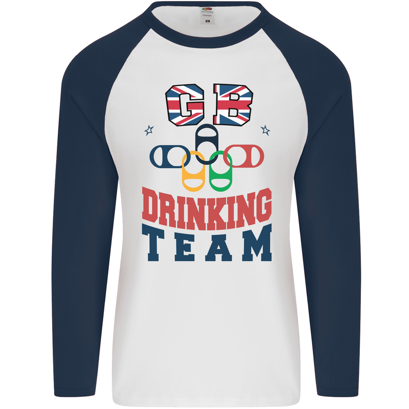 GB Drinking Team Funny Stag Do Doo Beer Mens L/S Baseball T-Shirt White/Navy Blue