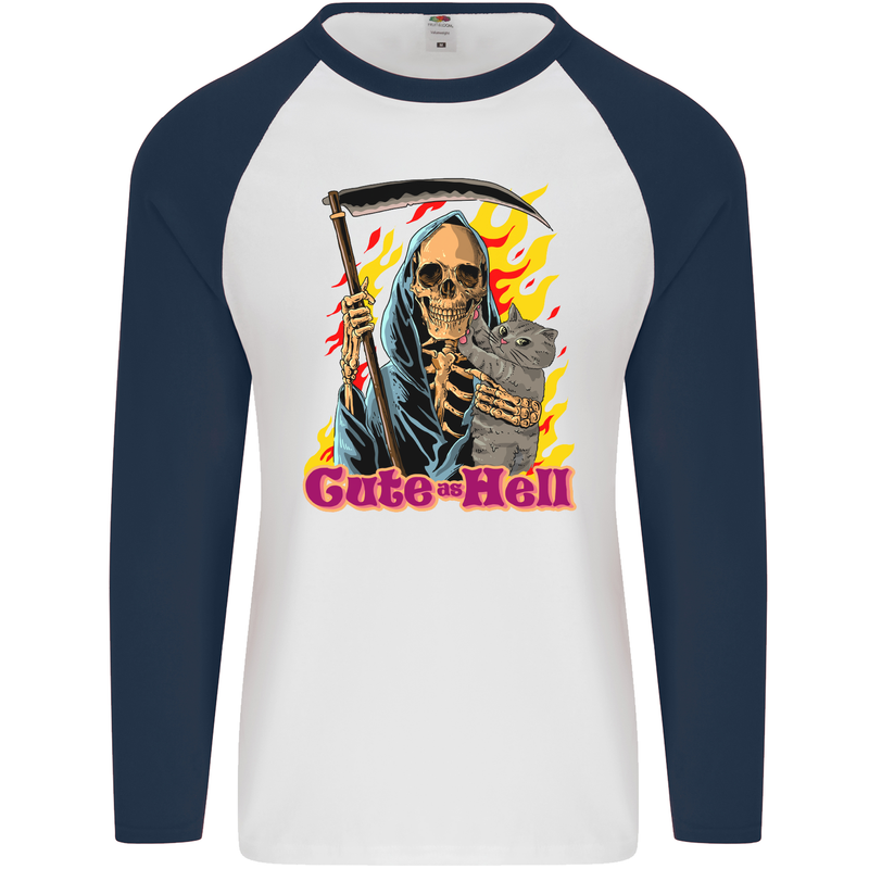 Cute Hell Cat Grim Reaper Skull Halloween Mens L/S Baseball T-Shirt White/Navy Blue