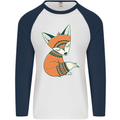 A Cute Tribal Fox Mens L/S Baseball T-Shirt White/Navy Blue