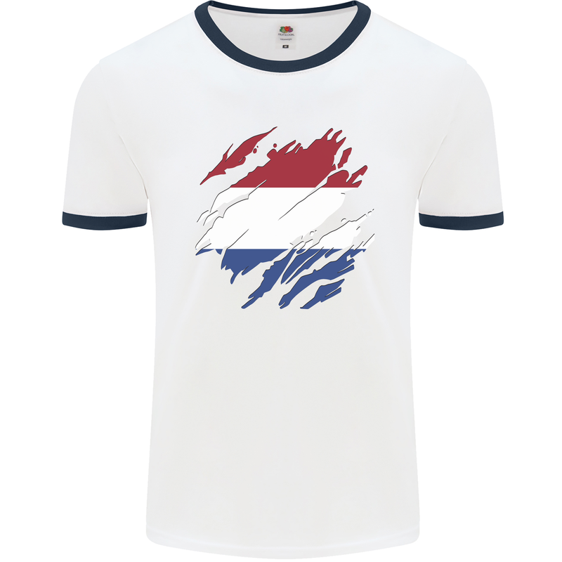 Torn Netherlands Flag Holland Dutch Day Football Mens Ringer T-Shirt White/Navy Blue