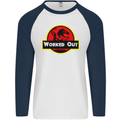 Gym Worked Out Training Top Fitness Mens L/S Baseball T-Shirt White/Navy Blue