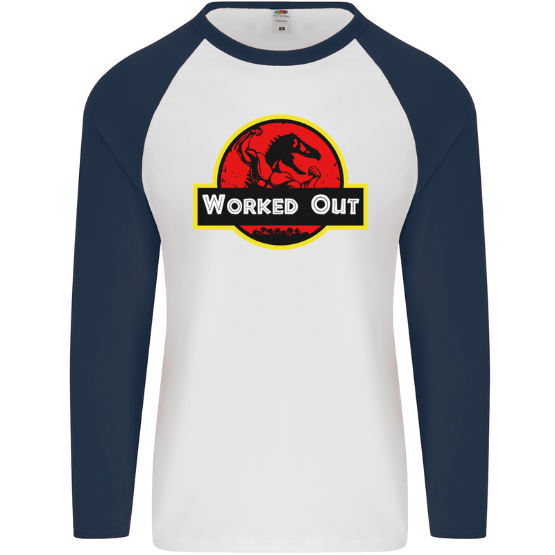 Gym Worked Out Training Top Fitness Mens L/S Baseball T-Shirt White/Navy Blue