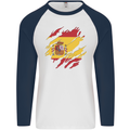 Torn Spain Flag Spanish Day Football Mens L/S Baseball T-Shirt White/Navy Blue