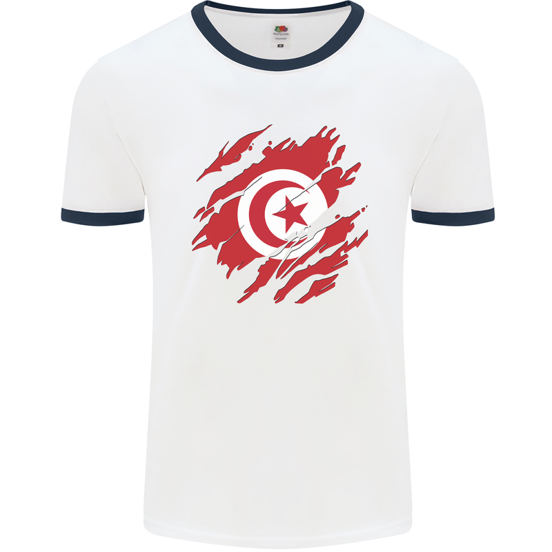 Torn Tunisia Flag Tunisian Day Football Mens Ringer T-Shirt White/Navy Blue