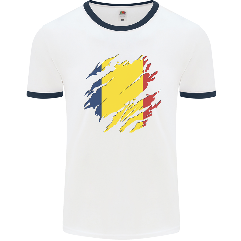 Torn Chad Flag Chadian Day Football Mens Ringer T-Shirt White/Navy Blue