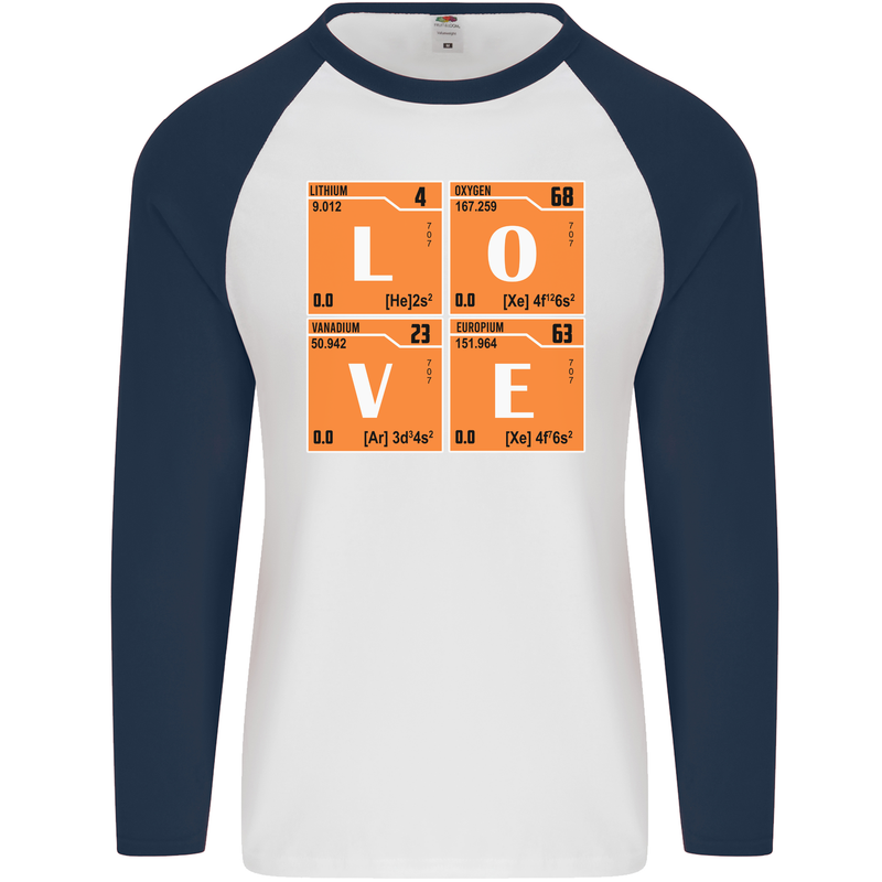 Love Periodic Table Chemistry Geek Funny Mens L/S Baseball T-Shirt White/Navy Blue