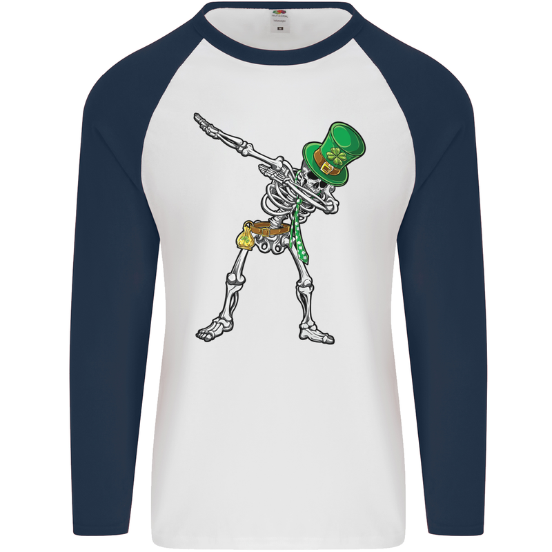 St Patricks Day Dabbing Skeleton Skull Mens L/S Baseball T-Shirt White/Navy Blue