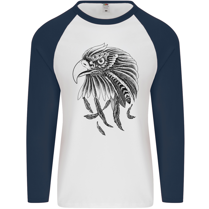 Eagle Ornithology Bird of Prey Mens L/S Baseball T-Shirt White/Navy Blue