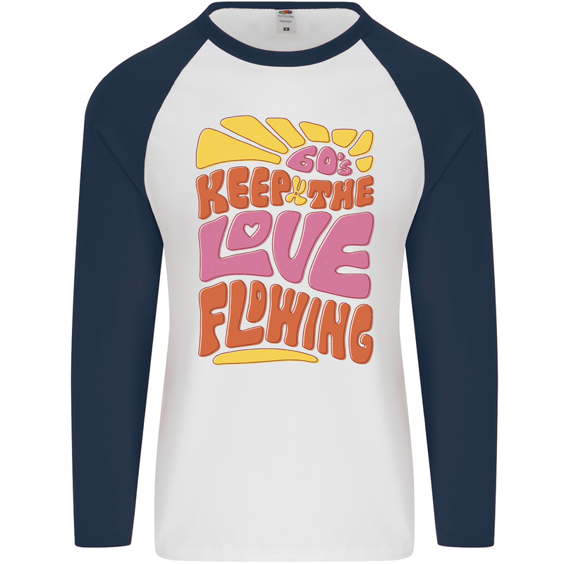 60s Keep the Love Flowing Funny Hippy Peace Mens L/S Baseball T-Shirt White/Navy Blue