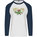 Santa T-Rex Drink Eat Merry Funny Christmas Mens L/S Baseball T-Shirt White/Navy Blue