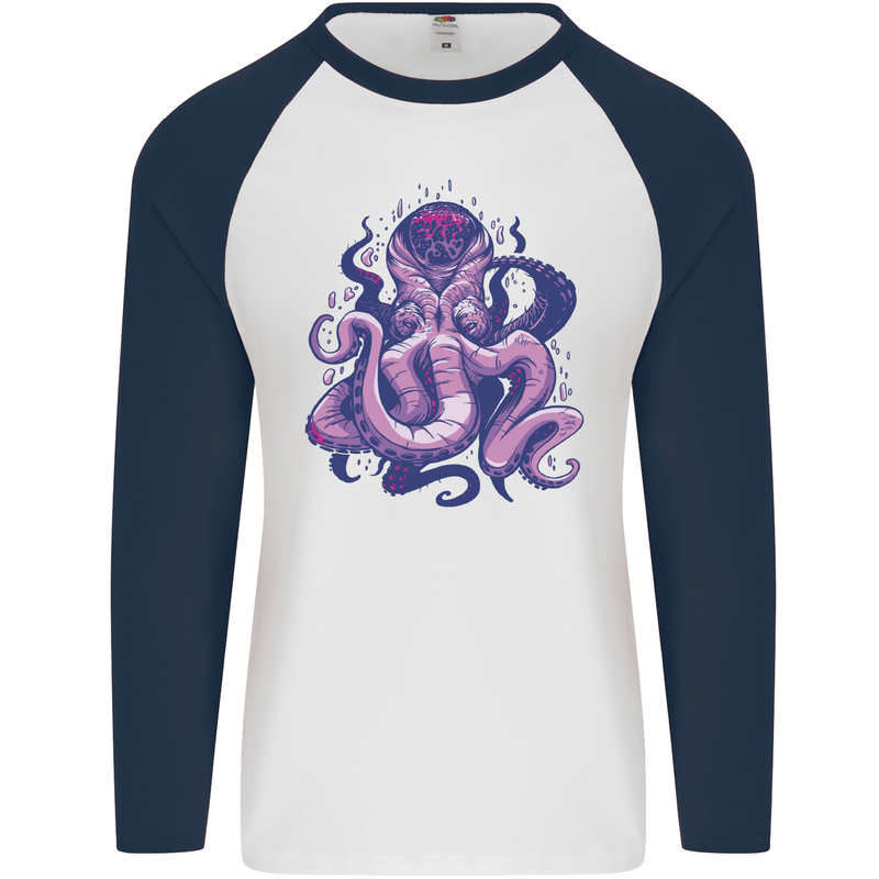 Purple Cthulhu Kraken Octopus Mens L/S Baseball T-Shirt White/Navy Blue