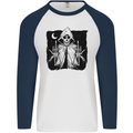 Grim Reaper Finger Flip Skull Biker Funny Mens L/S Baseball T-Shirt White/Navy Blue