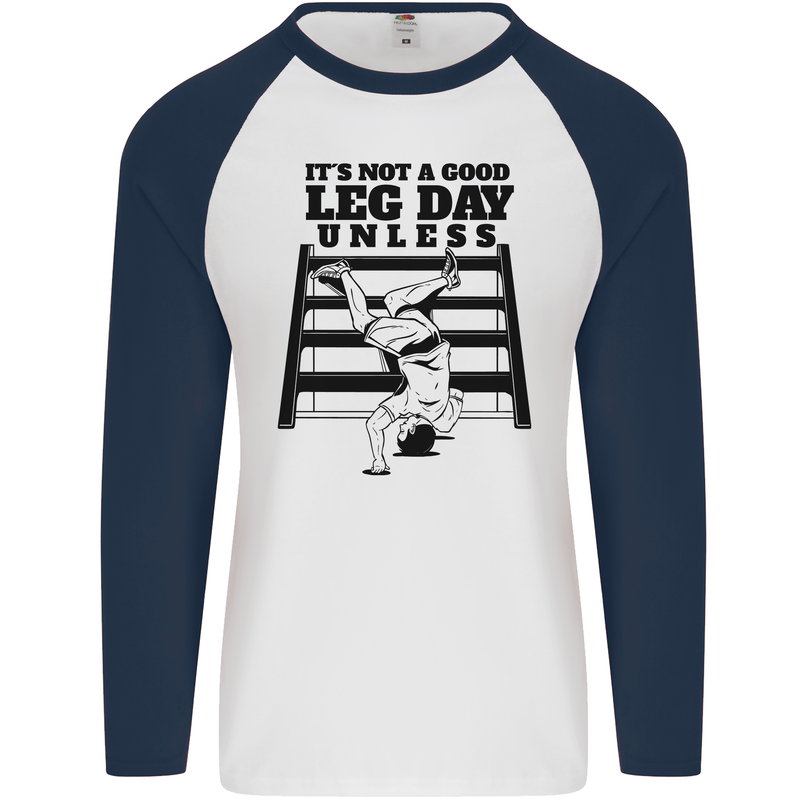 Leg Day Funny Bodybuilding Gym Training Mens L/S Baseball T-Shirt White/Navy Blue