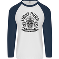 Lucky Rider Dead Head Motorbike Biker Mens L/S Baseball T-Shirt White/Navy Blue