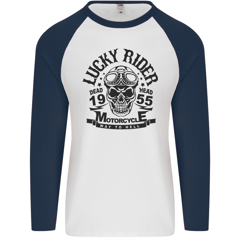 Lucky Rider Dead Head Motorbike Biker Mens L/S Baseball T-Shirt White/Navy Blue