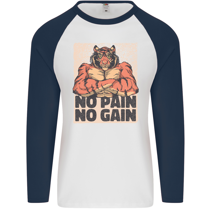 Gym Tiger No Pain No Gain Training Top Mens L/S Baseball T-Shirt White/Navy Blue