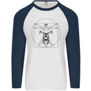 Vitruvian Biker Motorcycle Motorbike Mens L/S Baseball T-Shirt White/Navy Blue