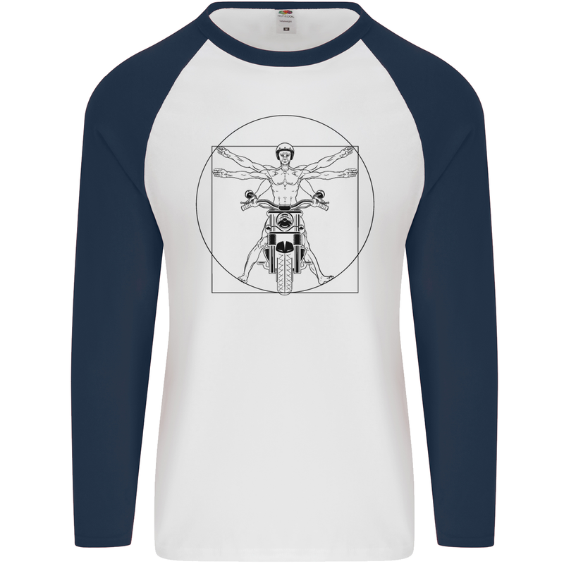 Vitruvian Biker Motorcycle Motorbike Mens L/S Baseball T-Shirt White/Navy Blue