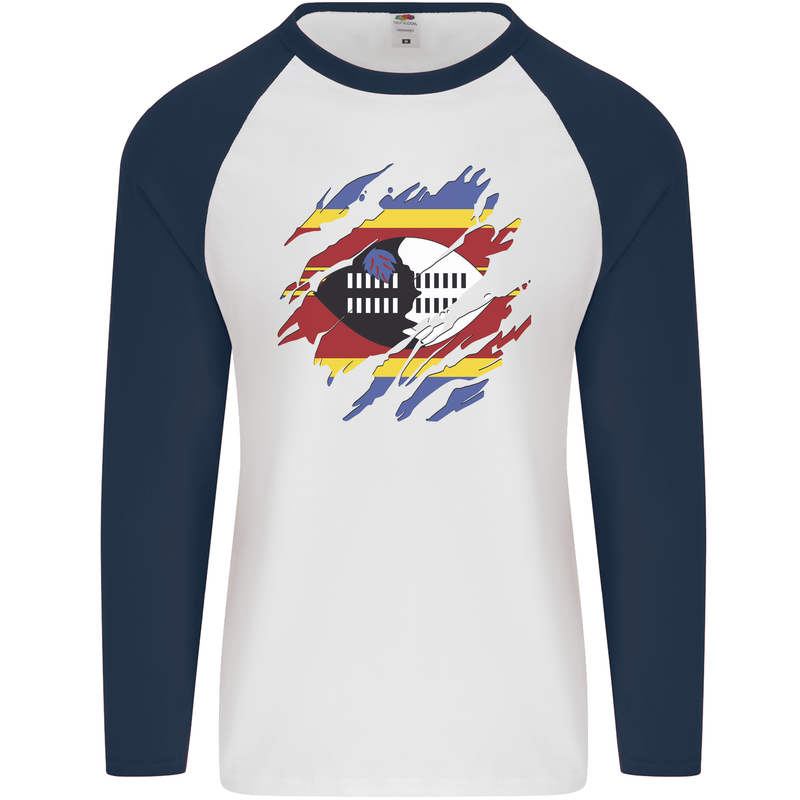 Torn Swaziland Flag Swazi Day Football Mens L/S Baseball T-Shirt White/Navy Blue