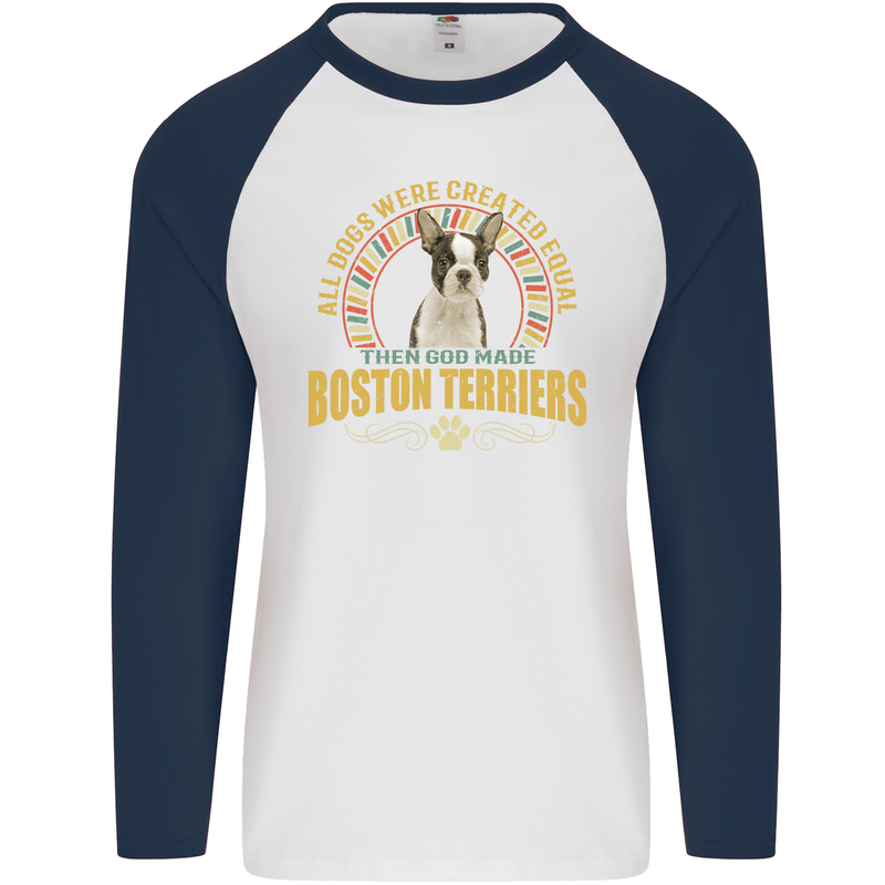 A Boston Terrier Dog Mens L/S Baseball T-Shirt White/Navy Blue