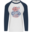 Two Wheels Attitude Motorcycle Biker Motorbike Mens L/S Baseball T-Shirt White/Navy Blue