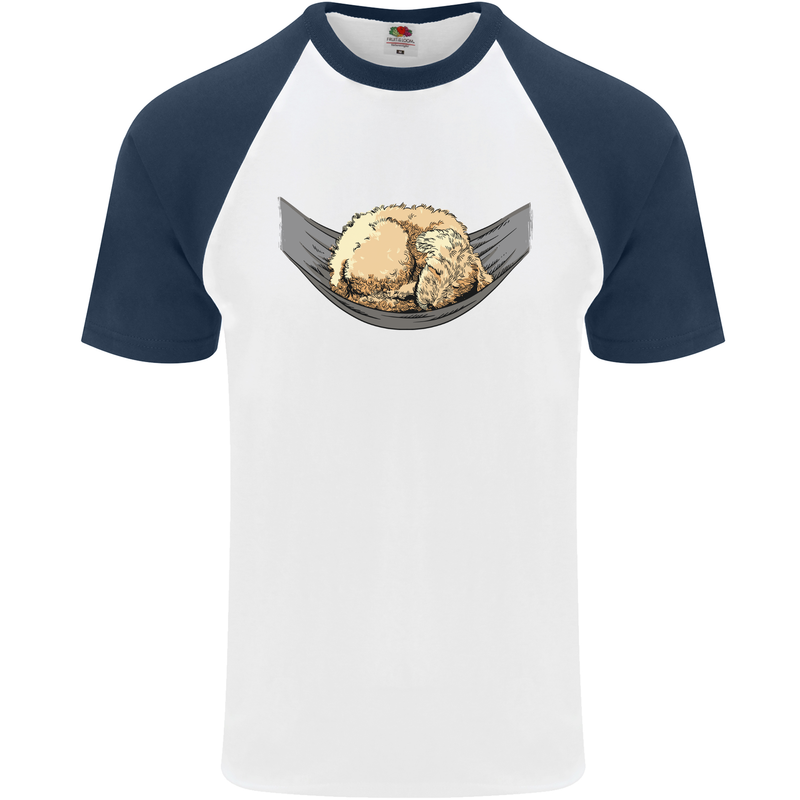 Goldendoodle on a Hammock Dog Mens S/S Baseball T-Shirt White/Navy Blue