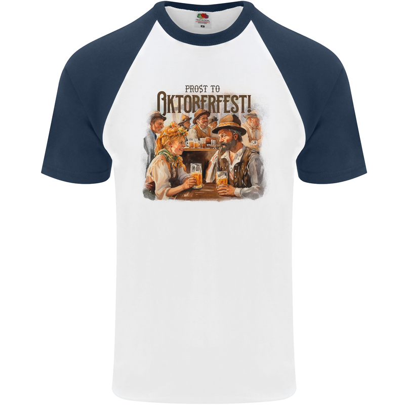 Prost to Oktoberfest German Beer Festival Mens S/S Baseball T-Shirt White/Navy Blue