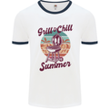 Chill & Grill Funny Summer BBQ Braai Mens Ringer T-Shirt White/Navy Blue