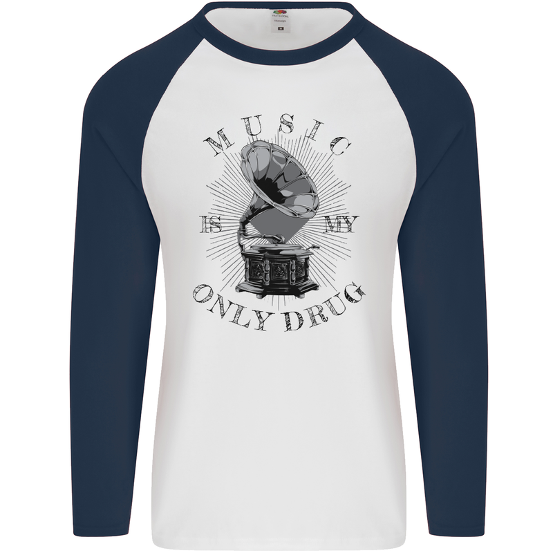 Music Is My Only Drug Funny DJ Vinyl Decks Mens L/S Baseball T-Shirt White/Navy Blue