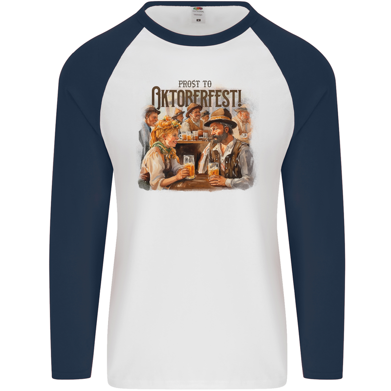 Prost to Oktoberfest German Beer Festival Mens L/S Baseball T-Shirt White/Navy Blue