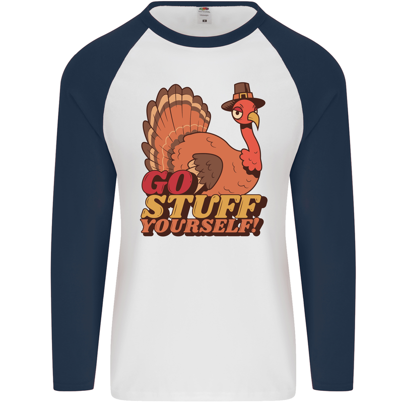 Stuff Yourself Funny Vegetarian Vegan Turkey Mens L/S Baseball T-Shirt White/Navy Blue