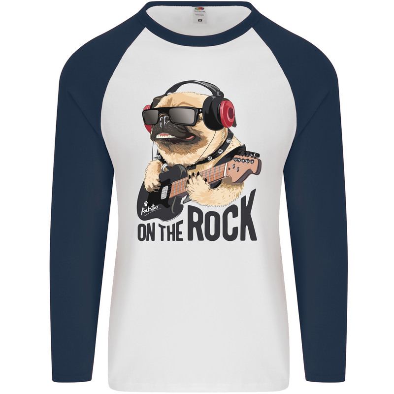 Rock n Roll Pug Funny Guitar Heavy Metal Mens L/S Baseball T-Shirt White/Navy Blue