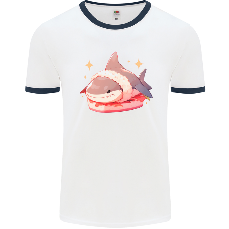 Shark Sushi Mens Ringer T-Shirt White/Navy Blue