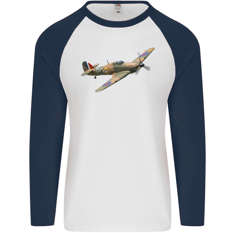 A Hawker Hurricane Flying Solo Mens L/S Baseball T-Shirt White/Navy Blue