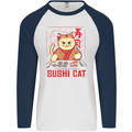 Funny Sushi Cat Food Fish Chef Japan Mens L/S Baseball T-Shirt White/Navy Blue