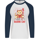 Funny Sushi Cat Food Fish Chef Japan Mens L/S Baseball T-Shirt White/Navy Blue
