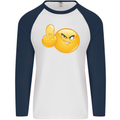 Emoji Middle Finger Flip Funny Offensive Mens L/S Baseball T-Shirt White/Navy Blue