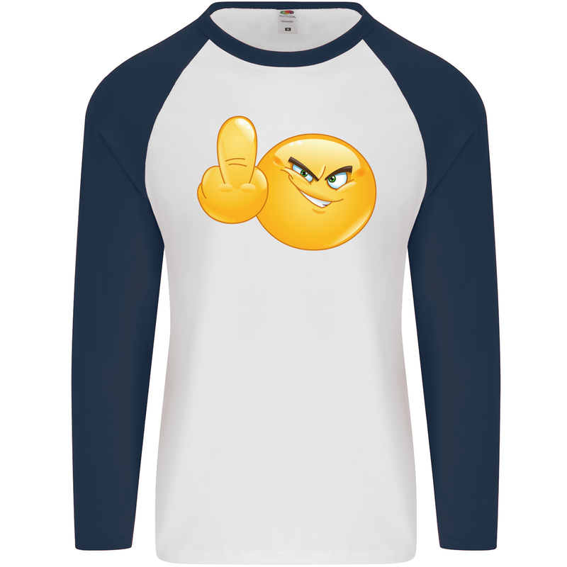 Emoji Middle Finger Flip Funny Offensive Mens L/S Baseball T-Shirt White/Navy Blue