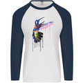 A Hummingbird Watercolour Bird Mens L/S Baseball T-Shirt White/Navy Blue