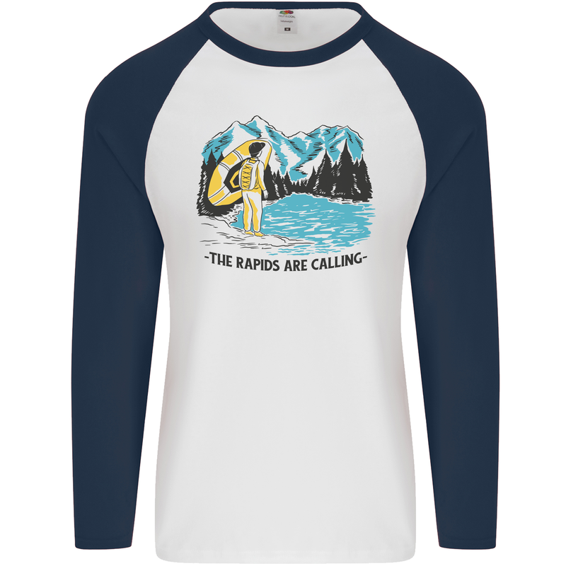 White Water Rafting Whitewater Rapids Calling Mens L/S Baseball T-Shirt White/Navy Blue