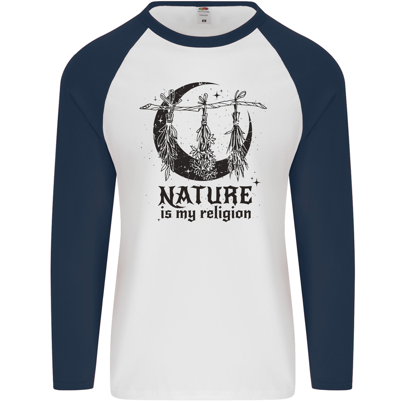 Nature Is My Religion Halloween Witch Mens L/S Baseball T-Shirt White/Navy Blue