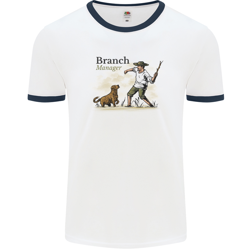 Branch Manager Funny Dog Walking Dad Mens Ringer T-Shirt White/Navy Blue