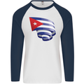 Curled Cuba Flag Cuban Day Football Mens L/S Baseball T-Shirt White/Navy Blue