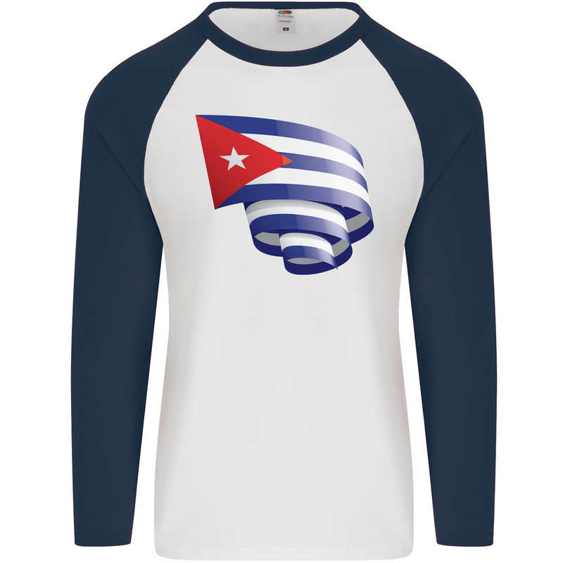 Curled Cuba Flag Cuban Day Football Mens L/S Baseball T-Shirt White/Navy Blue
