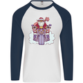 Biker Santa Christmas Motorcycle Motorbike Mens L/S Baseball T-Shirt White/Navy Blue