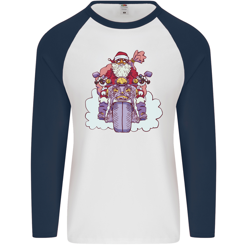 Biker Santa Christmas Motorcycle Motorbike Mens L/S Baseball T-Shirt White/Navy Blue