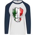 Gym Italian Flag Ripped Muscles Italy Mens L/S Baseball T-Shirt White/Navy Blue