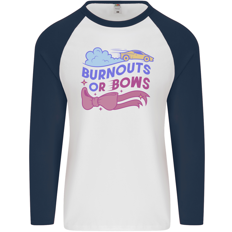 Burnouts or Bows Gender Reveal New Baby Pregnant Mens L/S Baseball T-Shirt White/Navy Blue