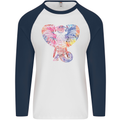 Mandala Art Elephant Contemporary Mens L/S Baseball T-Shirt White/Navy Blue