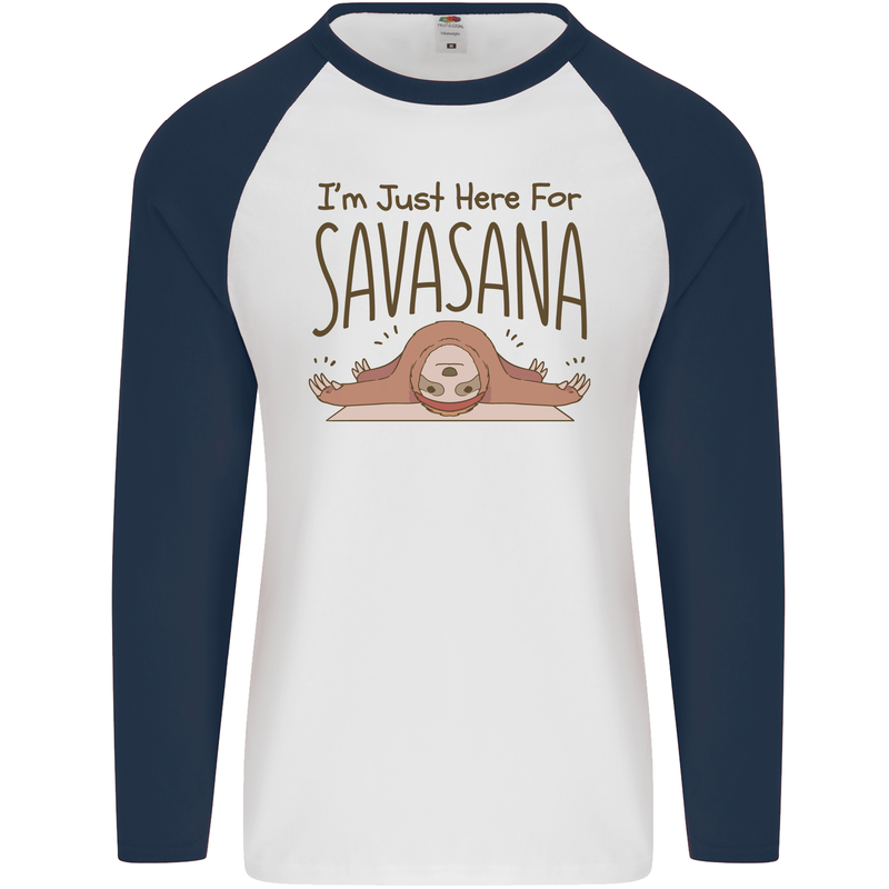 Im Just Here for the Savasana Funny Yoga Mens L/S Baseball T-Shirt White/Navy Blue